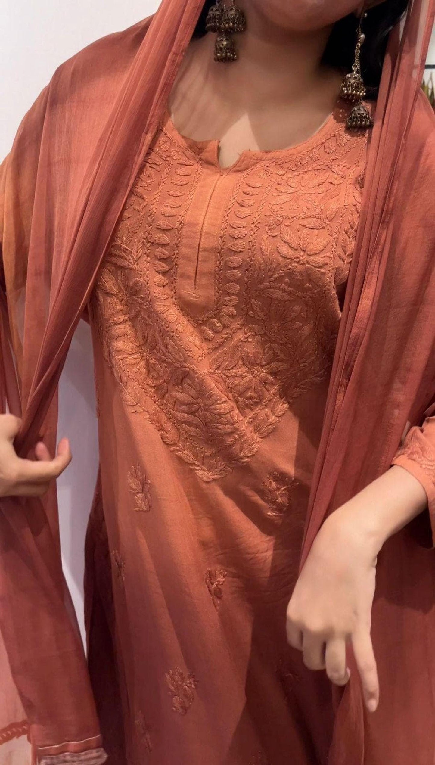 Chikankari Double Shade Kurta Set Olive Rayon Ghaspatti Embroidery with Palazzo and Dupatta