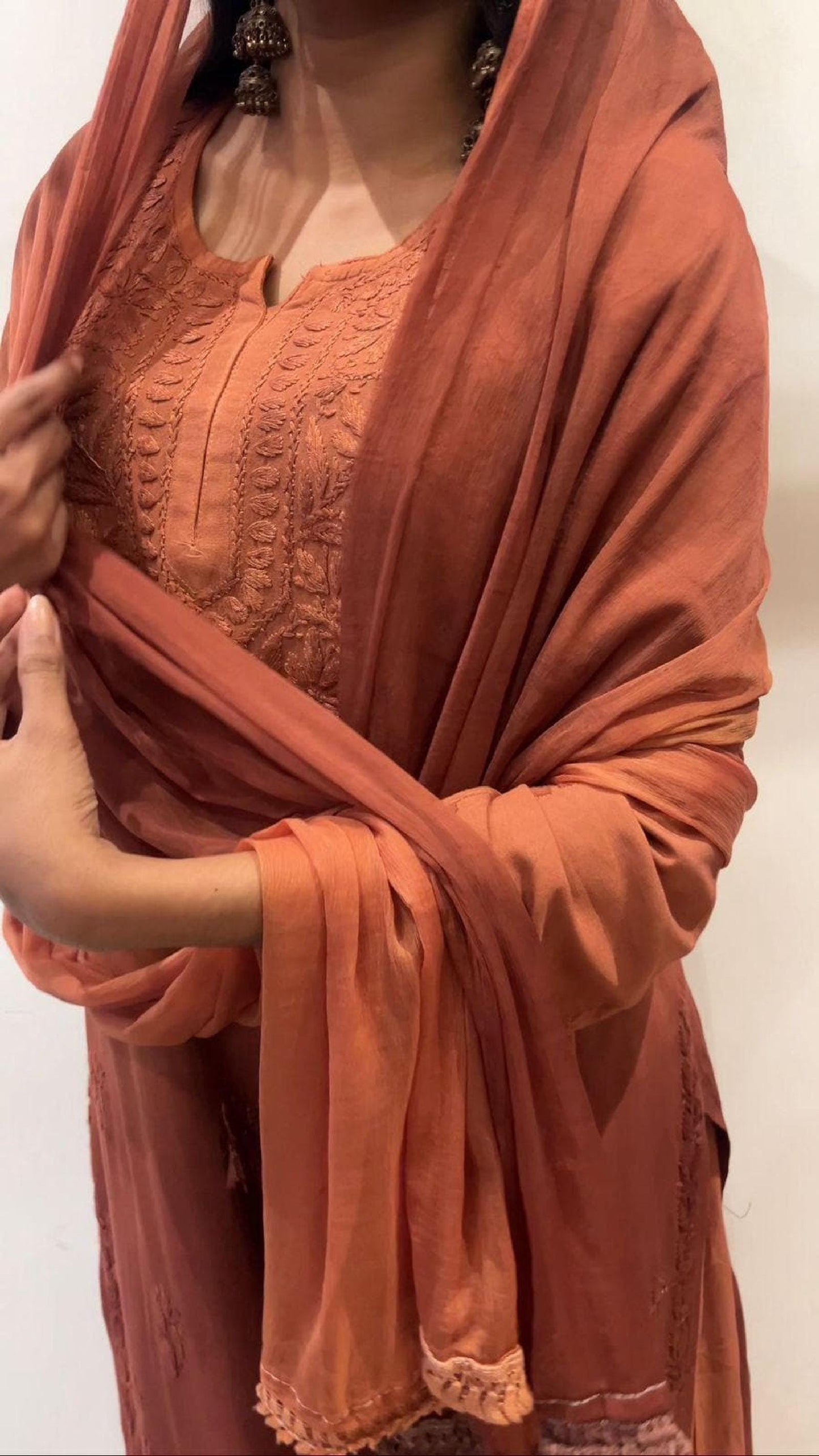 Chikankari Double Shade Kurta Set Olive Rayon Ghaspatti Embroidery with Palazzo and Dupatta