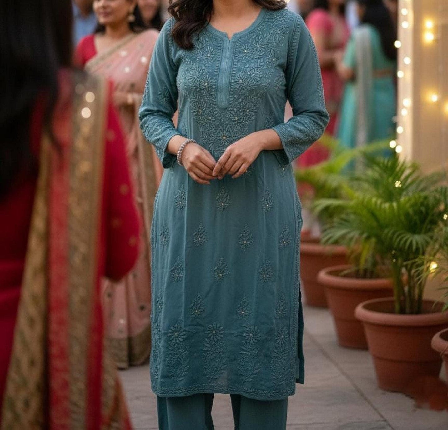 Chikan Kurti Hand Embroidered Viscose Top: Mukaish Work Traditional Indian Wear