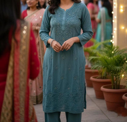 Chikan Kurti Hand Embroidered Viscose Top: Mukaish Work Traditional Indian Wear