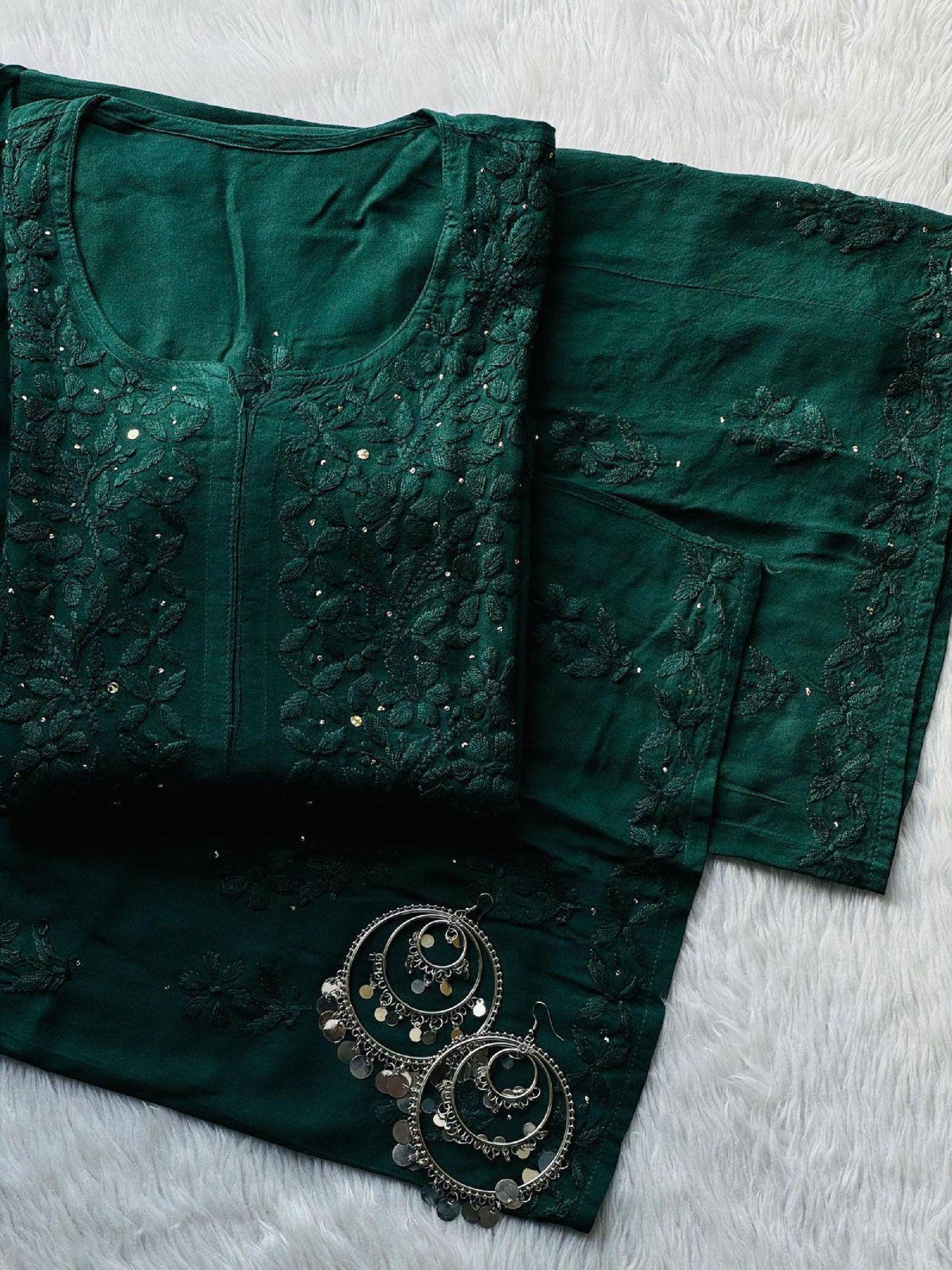 Handcrafted Rayon Chikan Kurti Set, 46 Inch Long Mukesh Work Lucknowi Suit, Soft Breathable Indian Salwar Kameez, Ethnic Tunic Outfit