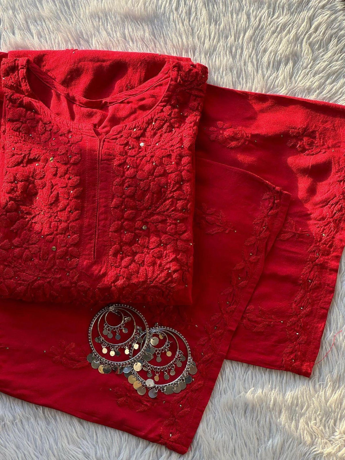 Handcrafted Rayon Chikan Kurti Set, 46 Inch Long Mukesh Work Lucknowi Suit, Soft Breathable Indian Salwar Kameez, Ethnic Tunic Outfit