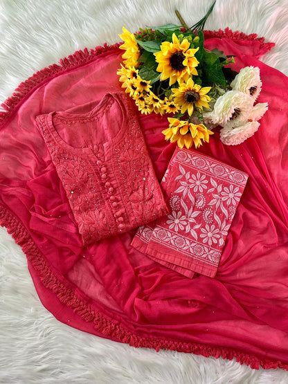 Lucknowi Chikankari Cotton Kurti Set, Hand Embroidered Women's Tunic, Traditional Ethnic Summer Outfit