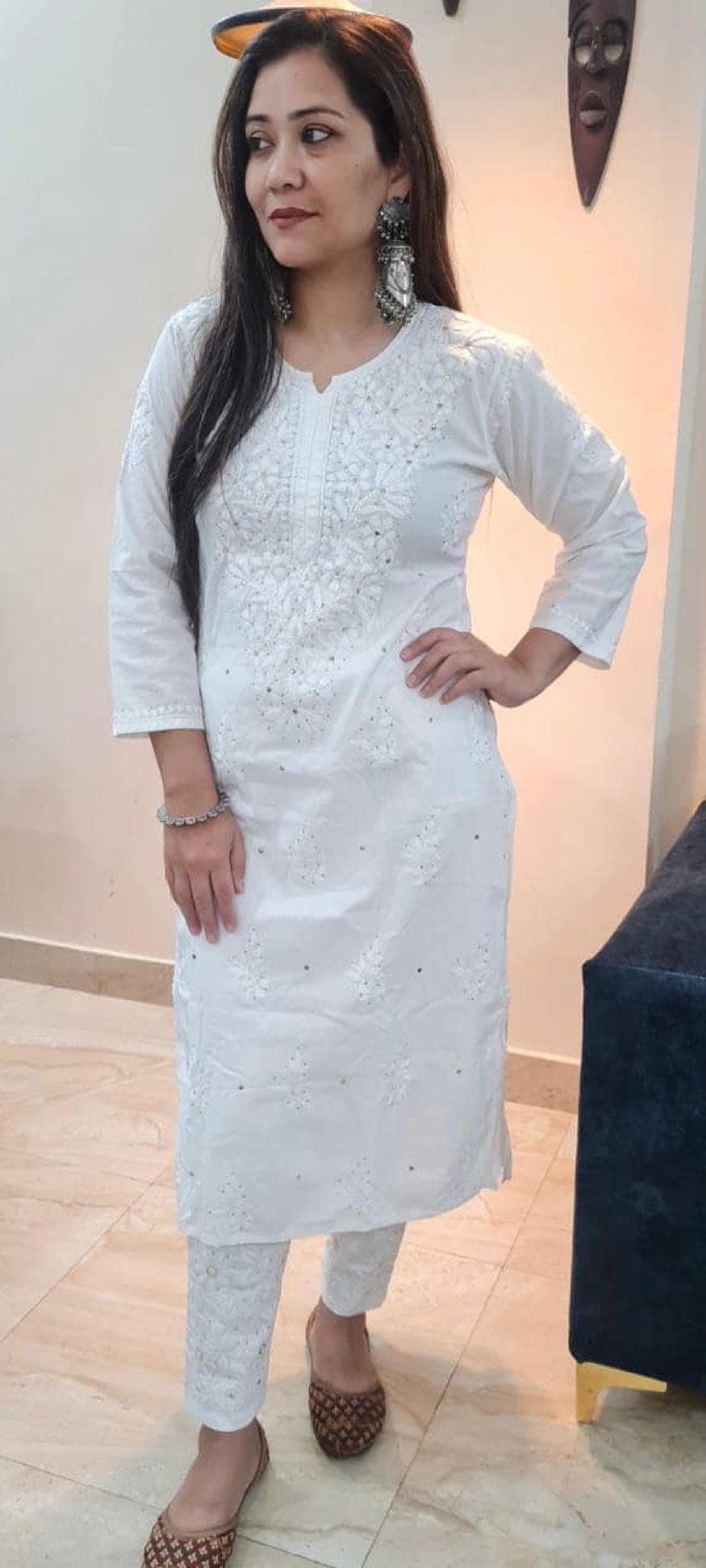 Lucknowi Chikankari Cotton Kurti Set, Hand Embroidered Women's Tunic, Traditional Ethnic Summer Outfit