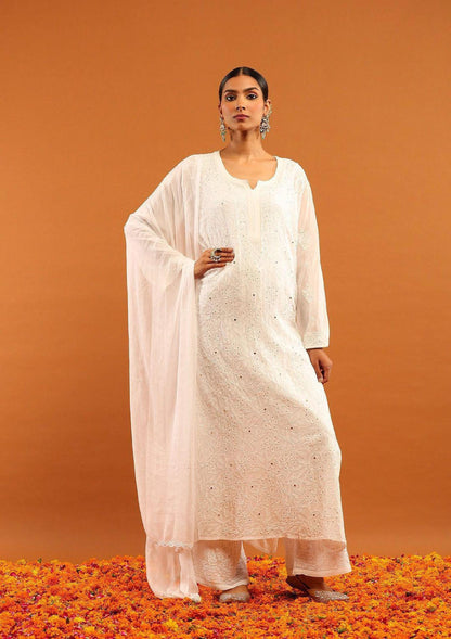 Royal Resham Mukesh Lucknowi Chikankari Kurti, Handmade Embroidered Indian Tunic, Ethnic Women's Chikan Garment, Traditional Festive Dress
