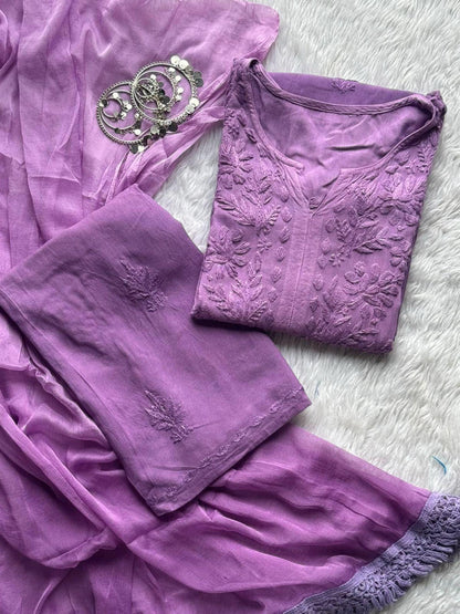 Chikankari Kurti Set Ombre 3-Piece: Soft Rayon Dress, Dupatta, Relaxed Pants, Handmade Festival Wear