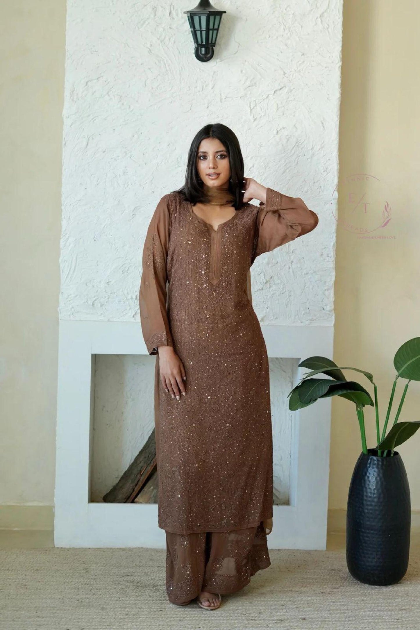 Royal Resham Mukesh Lucknowi Chikankari Kurti, Handmade Embroidered Indian Tunic, Ethnic Women's Chikan Garment, Traditional Festive Dress