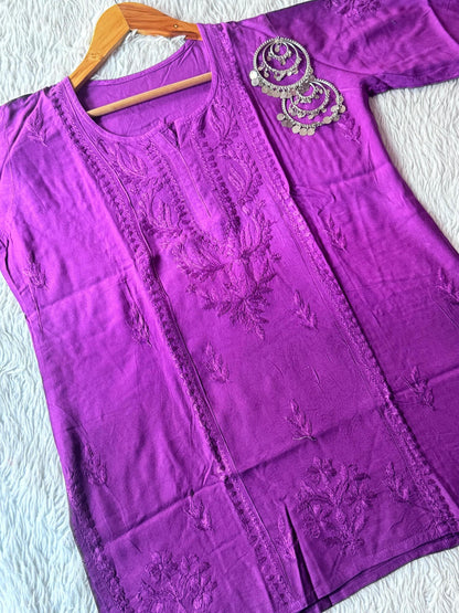 Premium Dyeable Rayon Chikankari Short Kurti Set, Handmade Lucknowi Embroidery Plazo Outfit, Plus Size Kurta Tunic Top, Summer Ethnic Wear