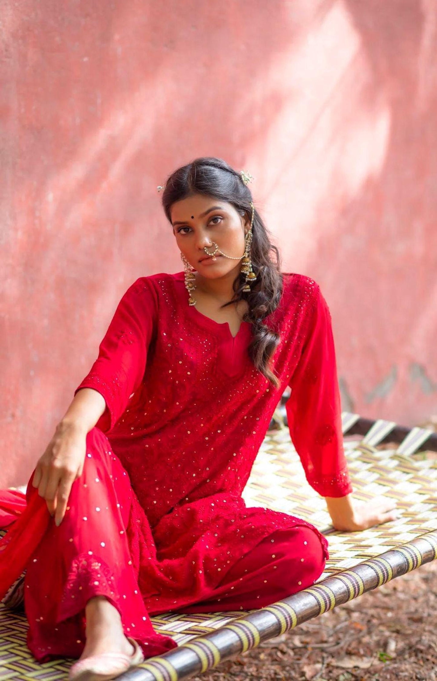 Jaal Work Kurti Plazo Set: Multicolor Viscose, Handmade Embroidery, Mukesh Dupatta, S-XXL