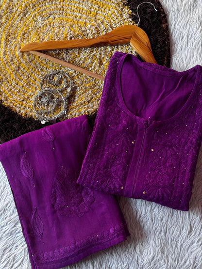 Soft Rayon Mukesh Kurti Plazo Set, Heavy Work Hand Embroidered Tunic, Traditional Chikankari Ethnic Suit