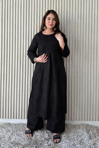 Kurta Plazo Suit Cotton Chikankari: Nyra Cut Handcrafted Lucknowi Set with Pockets