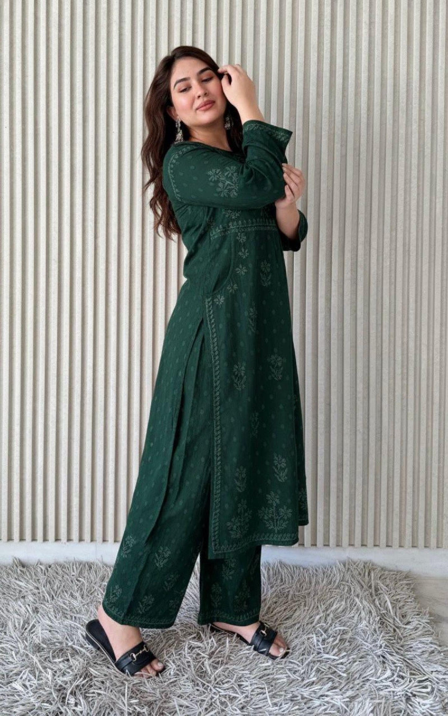 Kurta Plazo Suit Cotton Chikankari: Nyra Cut Handcrafted Lucknowi Set with Pockets