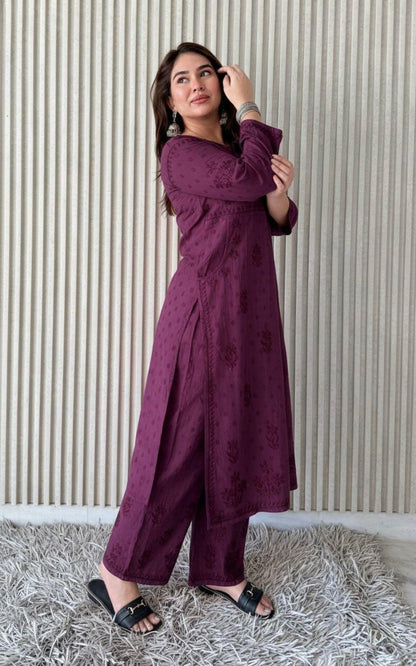 Kurta Plazo Suit Cotton Chikankari: Nyra Cut Handcrafted Lucknowi Set with Pockets