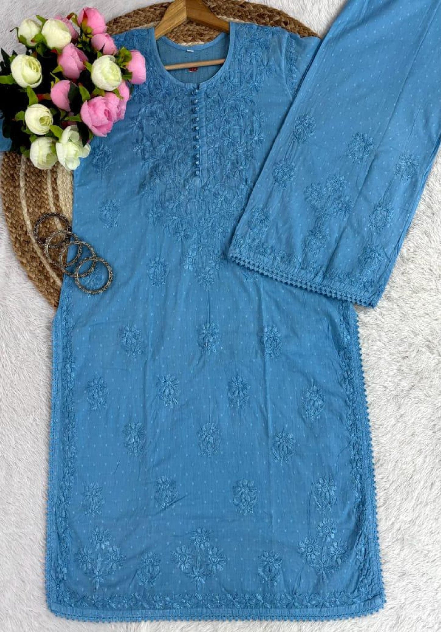Chikankari Kurta Set Hand-Embroidered Dobby Cotton Indian Wear S-XL Heritage Art Traditional Outfit