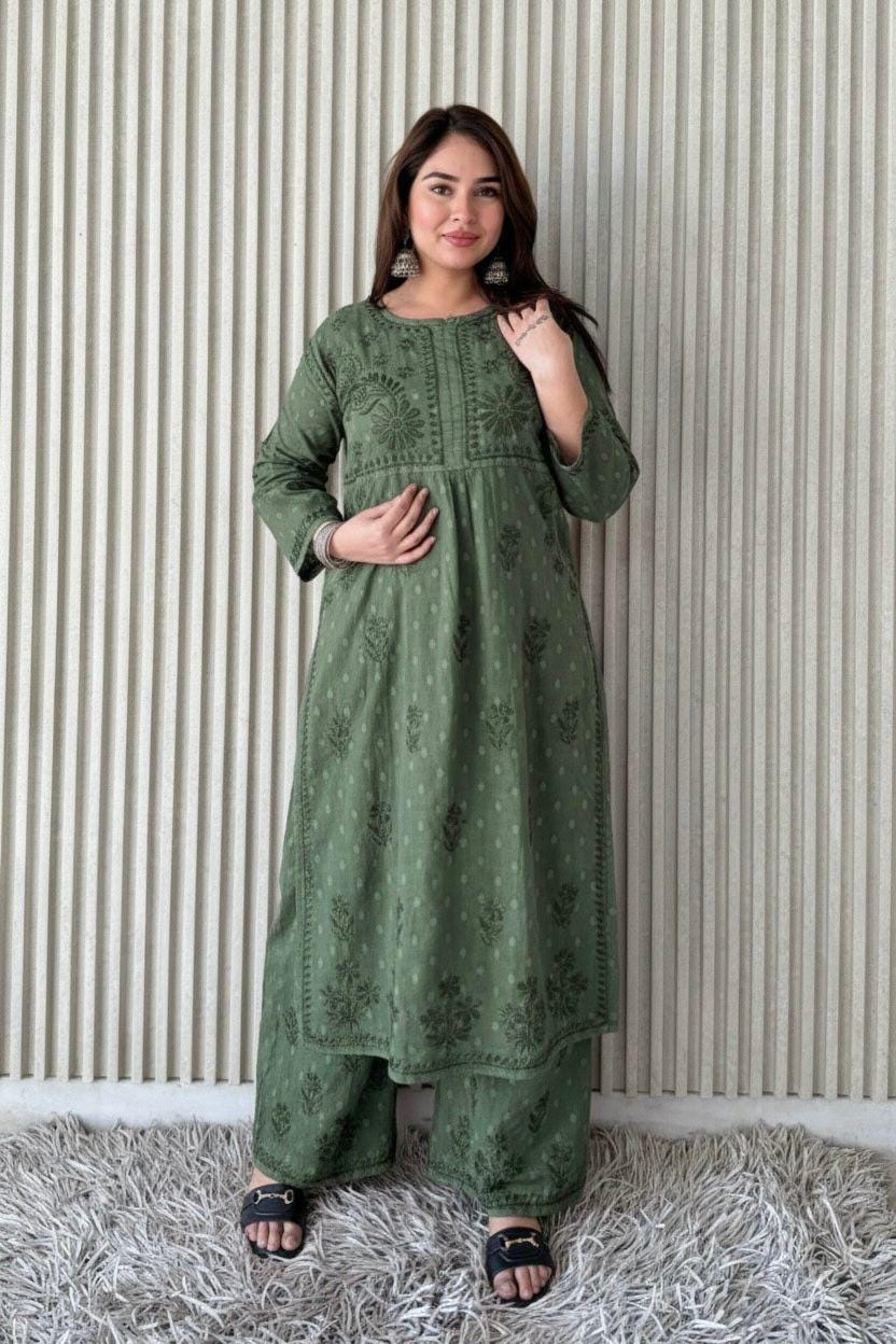 Kurta Plazo Suit Cotton Chikankari: Nyra Cut Handcrafted Lucknowi Set with Pockets