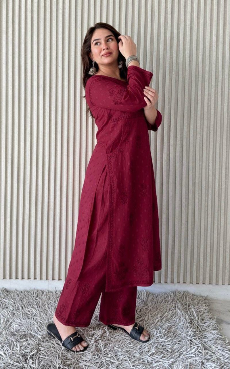 Kurta Plazo Suit Cotton Chikankari: Nyra Cut Handcrafted Lucknowi Set with Pockets