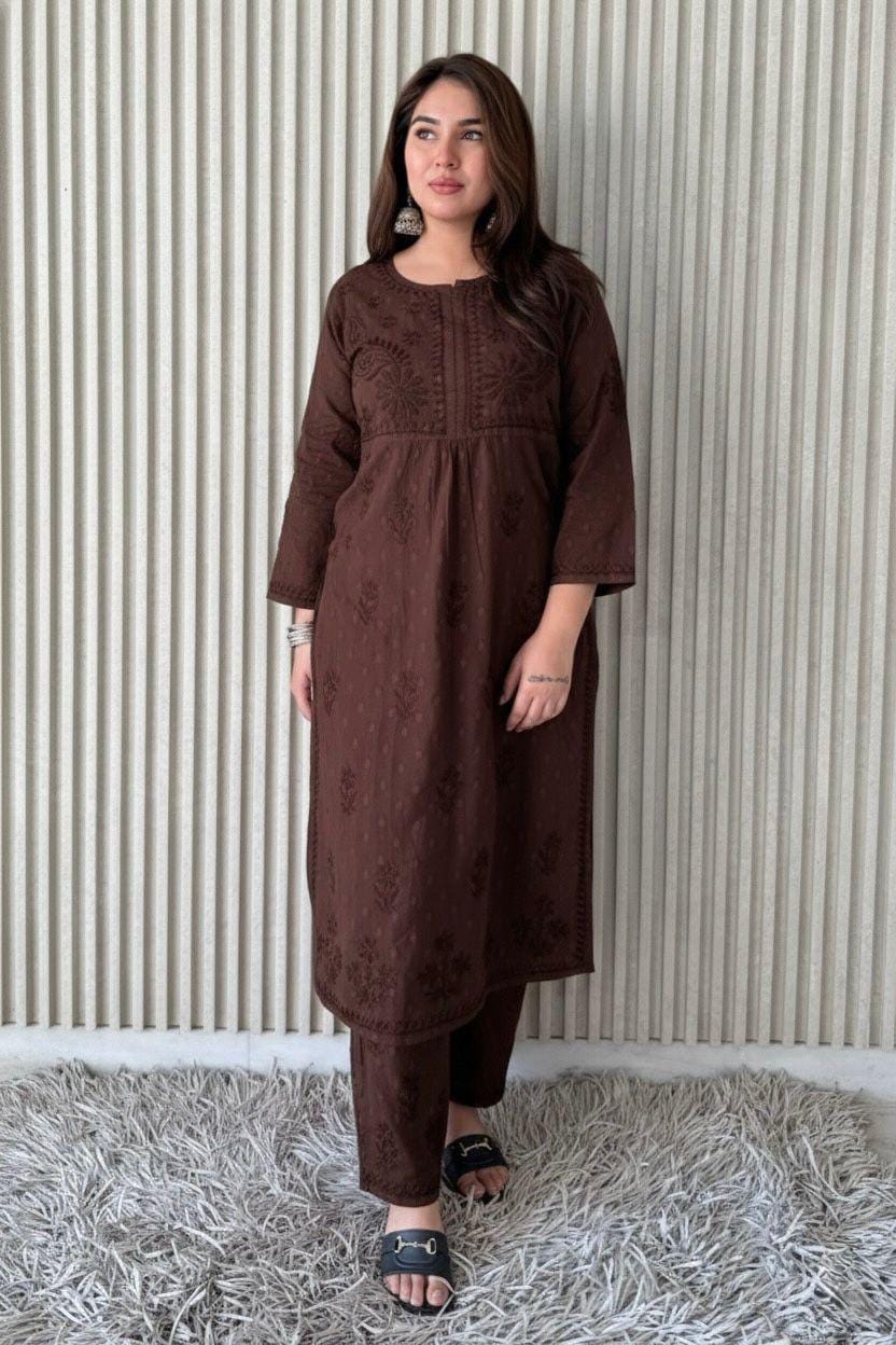 Kurta Plazo Suit Cotton Chikankari: Nyra Cut Handcrafted Lucknowi Set with Pockets