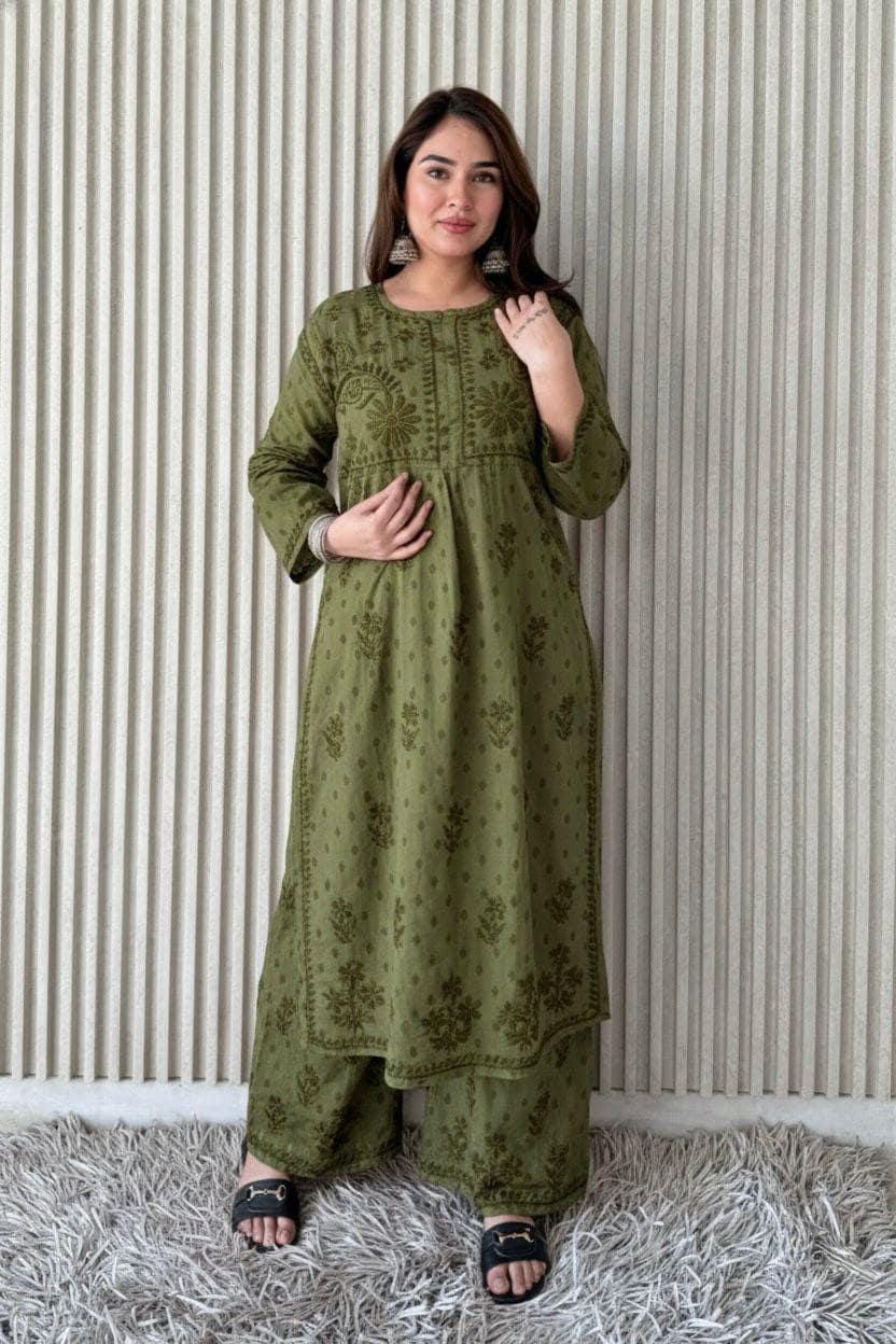 Kurta Plazo Suit Cotton Chikankari: Nyra Cut Handcrafted Lucknowi Set with Pockets