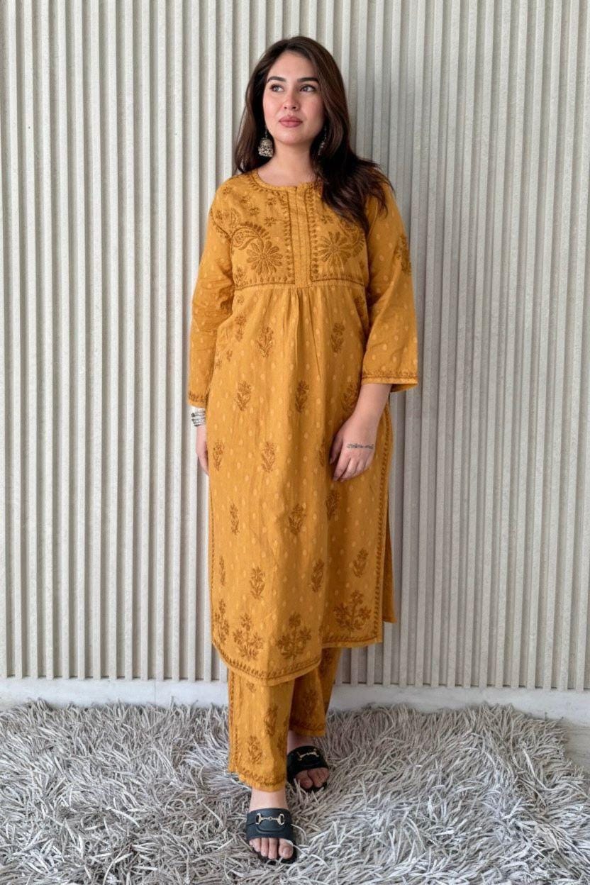 Kurta Plazo Suit Cotton Chikankari: Nyra Cut Handcrafted Lucknowi Set with Pockets