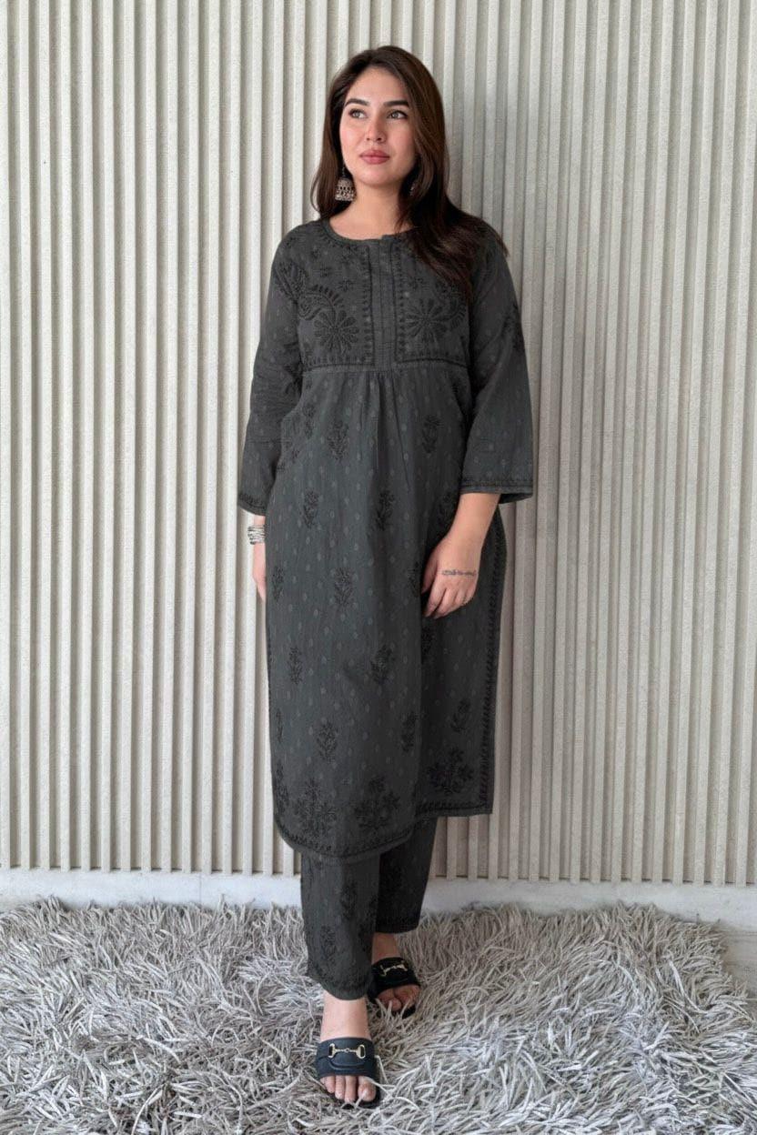 Kurta Plazo Suit Cotton Chikankari: Nyra Cut Handcrafted Lucknowi Set with Pockets