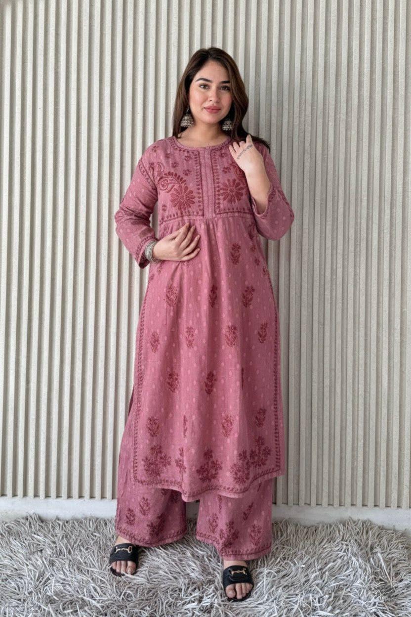 Kurta Plazo Suit Cotton Chikankari: Nyra Cut Handcrafted Lucknowi Set with Pockets