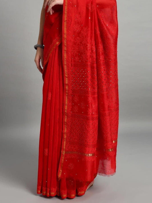 Chikan Chanderi Silk Saree: Dyeable Mukesh Handcrafted Bridal Wedding Ethnic Drape, Luxurious Artistry