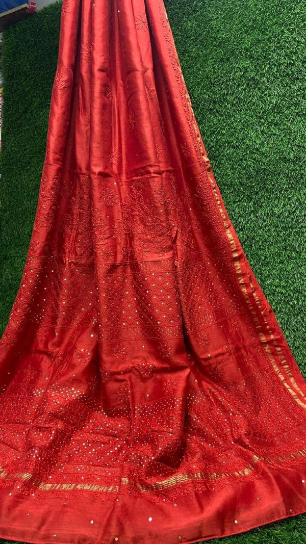 Chikan Chanderi Silk Saree: Dyeable Mukesh Handcrafted Bridal Wedding Ethnic Drape, Luxurious Artistry