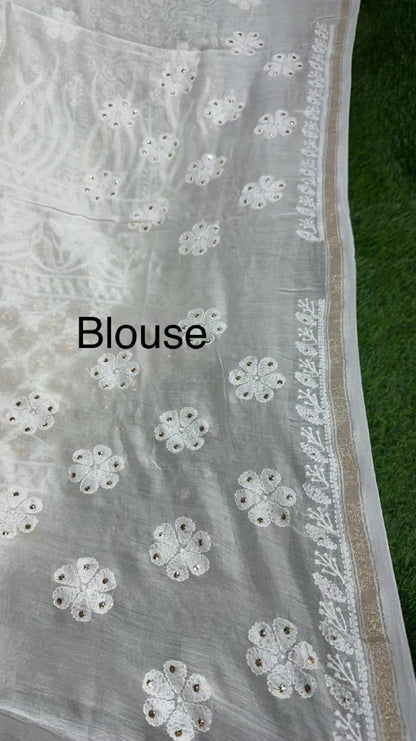Chikan Chanderi Silk Saree: Dyeable Mukesh Handcrafted Bridal Wedding Ethnic Drape, Luxurious Artistry