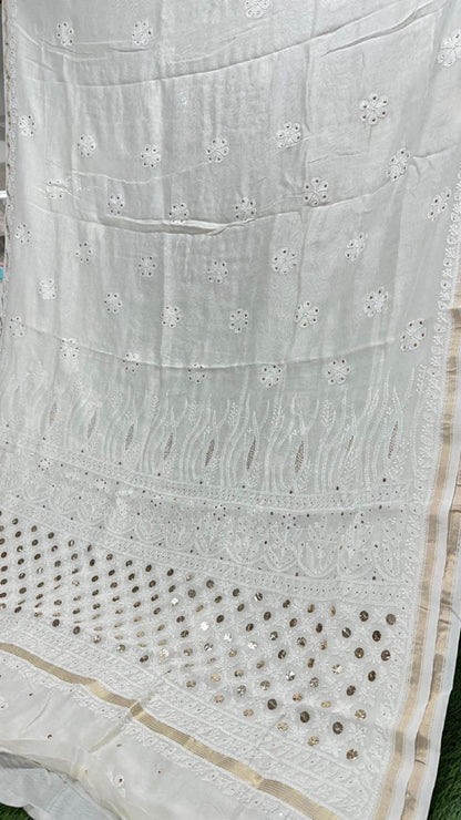 Chikan Chanderi Silk Saree: Dyeable Mukesh Handcrafted Bridal Wedding Ethnic Drape, Luxurious Artistry