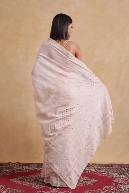 Chikan Chanderi Silk Saree: Dyeable Mukesh Handcrafted Bridal Wedding Ethnic Drape, Luxurious Artistry