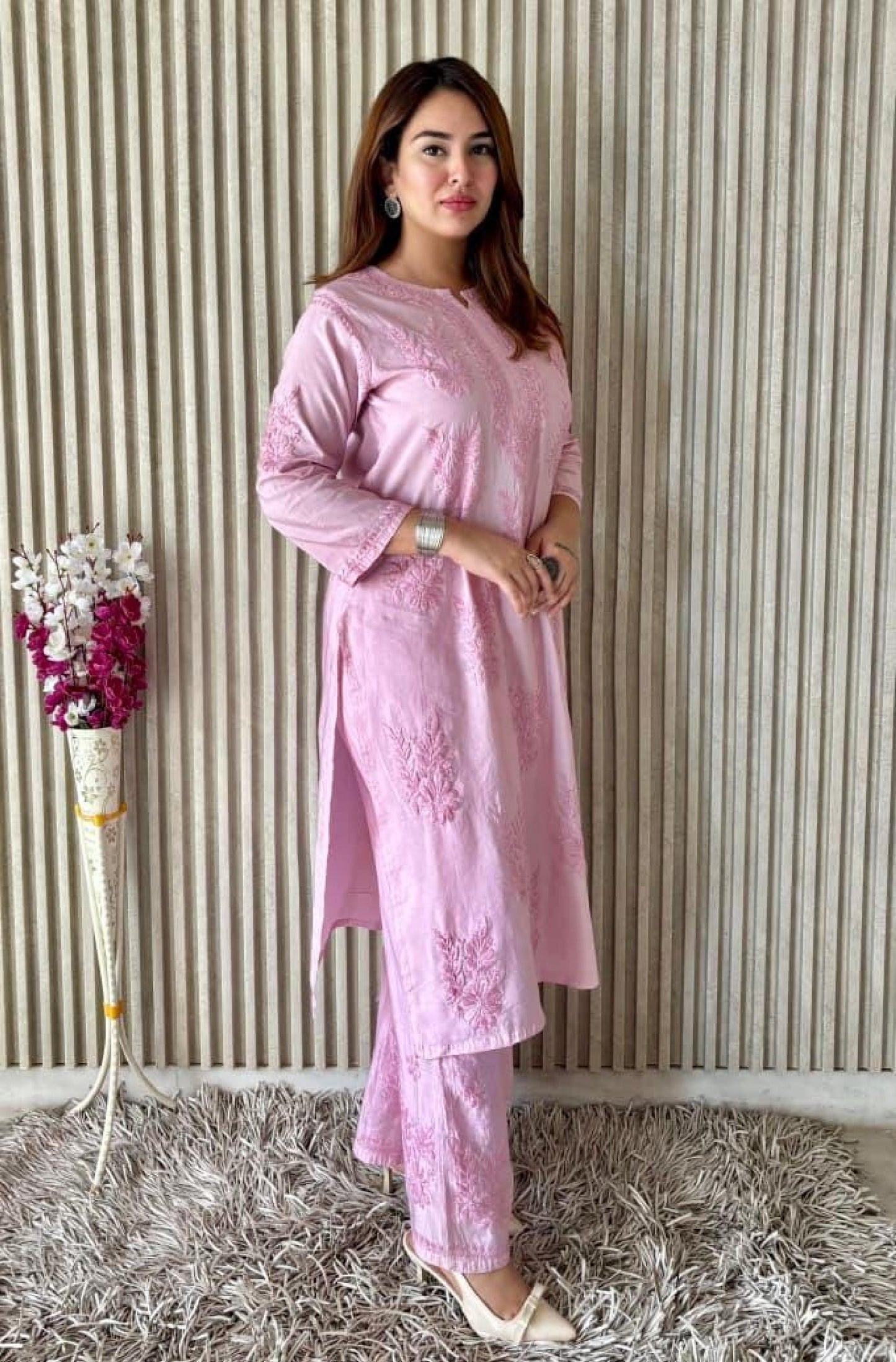 Chikankari Cord Set: Hand Embroidered Dyed Mal Chanderi Kurti and Plazo Ghasspatti Work Pastel Women's Ethnic Wear