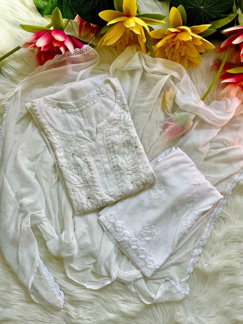Chikankari 3 Piece Suit Set: Hand Embroidered Rayon Cotton Kurta, Palazzo with Chiffon Dupatta