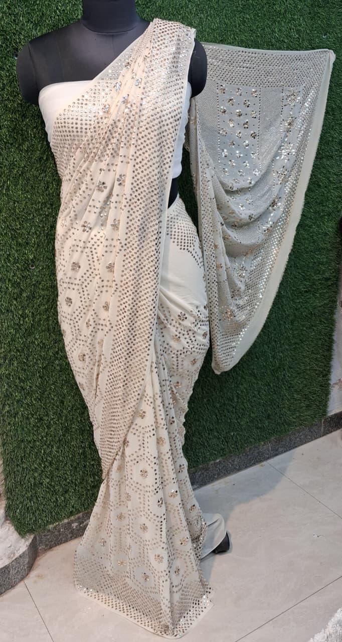 Heirloom Pure Georgette Saree, Handcrafted Chikankari Couture Sari, Elegant Luxury Indian Wedding Dress, Designer Traditional Ethnic Wear