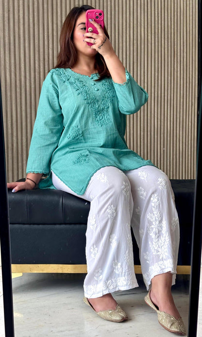 Butter Soft Dobby Cotton Short Top, Handcrafted Chikankari Tunic, Lucknowi Embroidered Boho Blouse, Summer Plus Size Ethnic Kurti