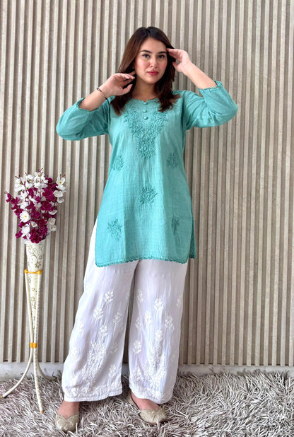 Butter Soft Dobby Cotton Short Top, Handcrafted Chikankari Tunic, Lucknowi Embroidered Boho Blouse, Summer Plus Size Ethnic Kurti