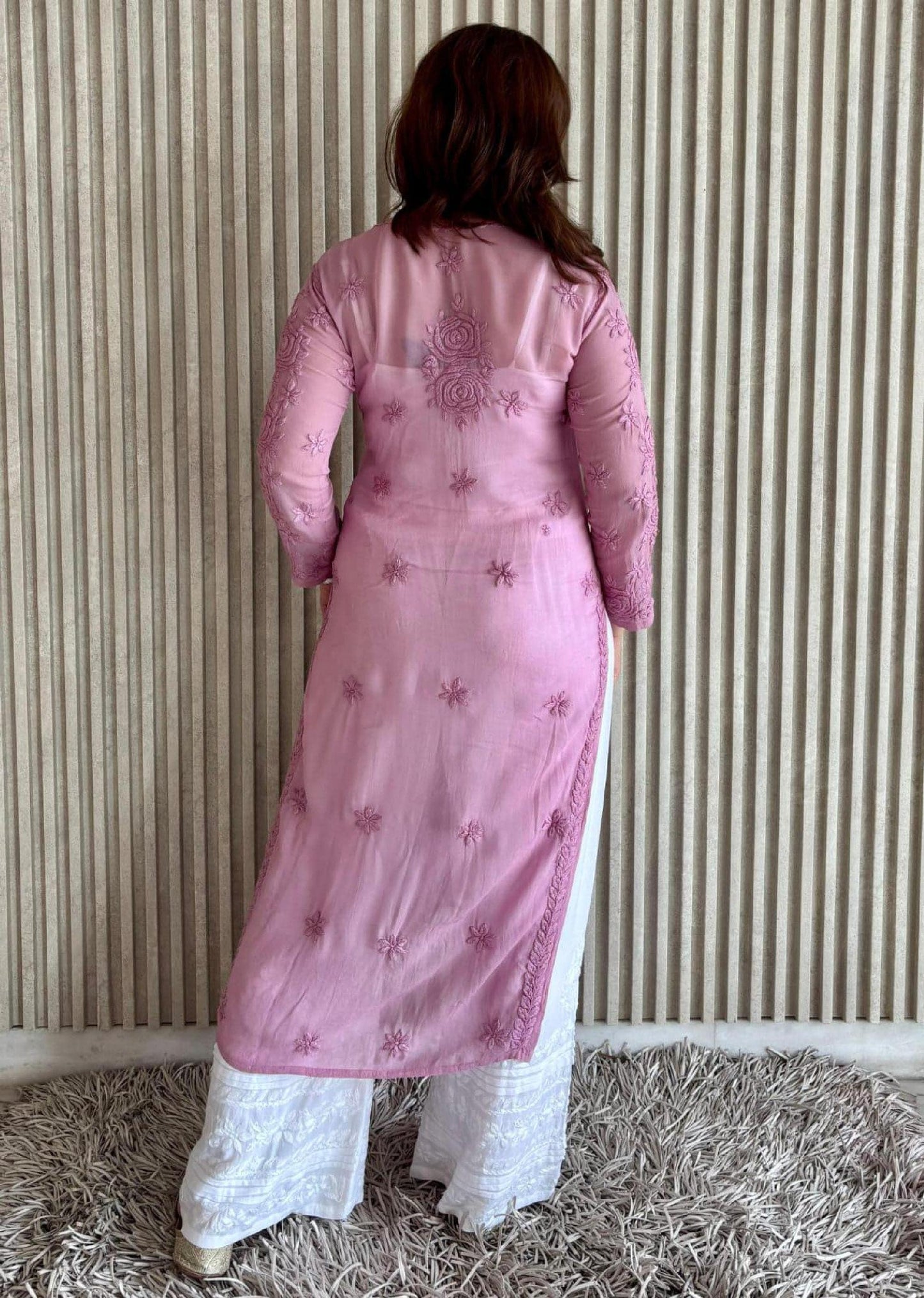 Chikankari Kurti Set Pink: 3D Rose Embroidered Viscose Rayon with Pleated Palazzo Pant
