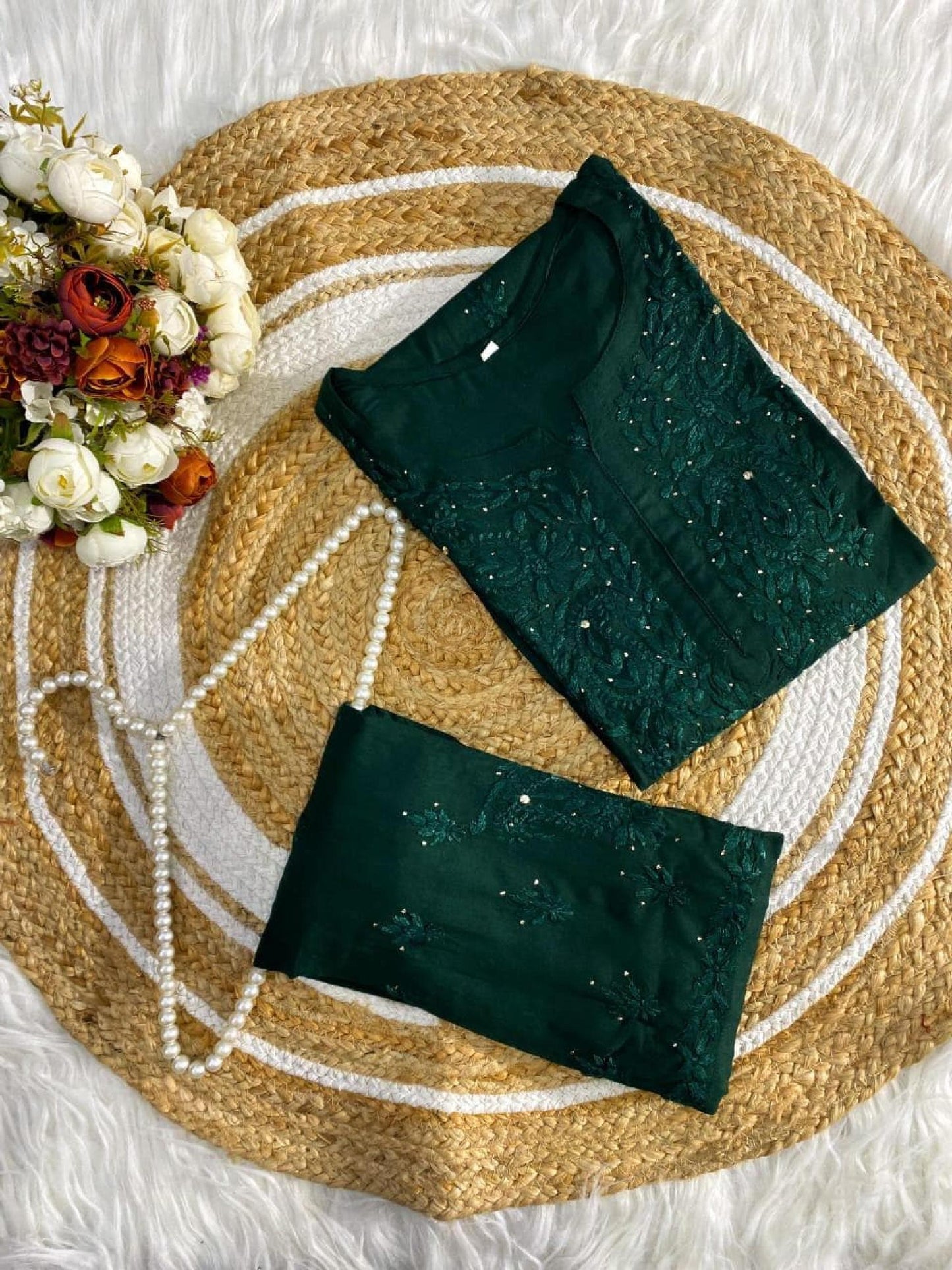 Chikan Salwar Suit Rayon Set: Hand-Embroidered Mukaish, Boho Kurta Pants