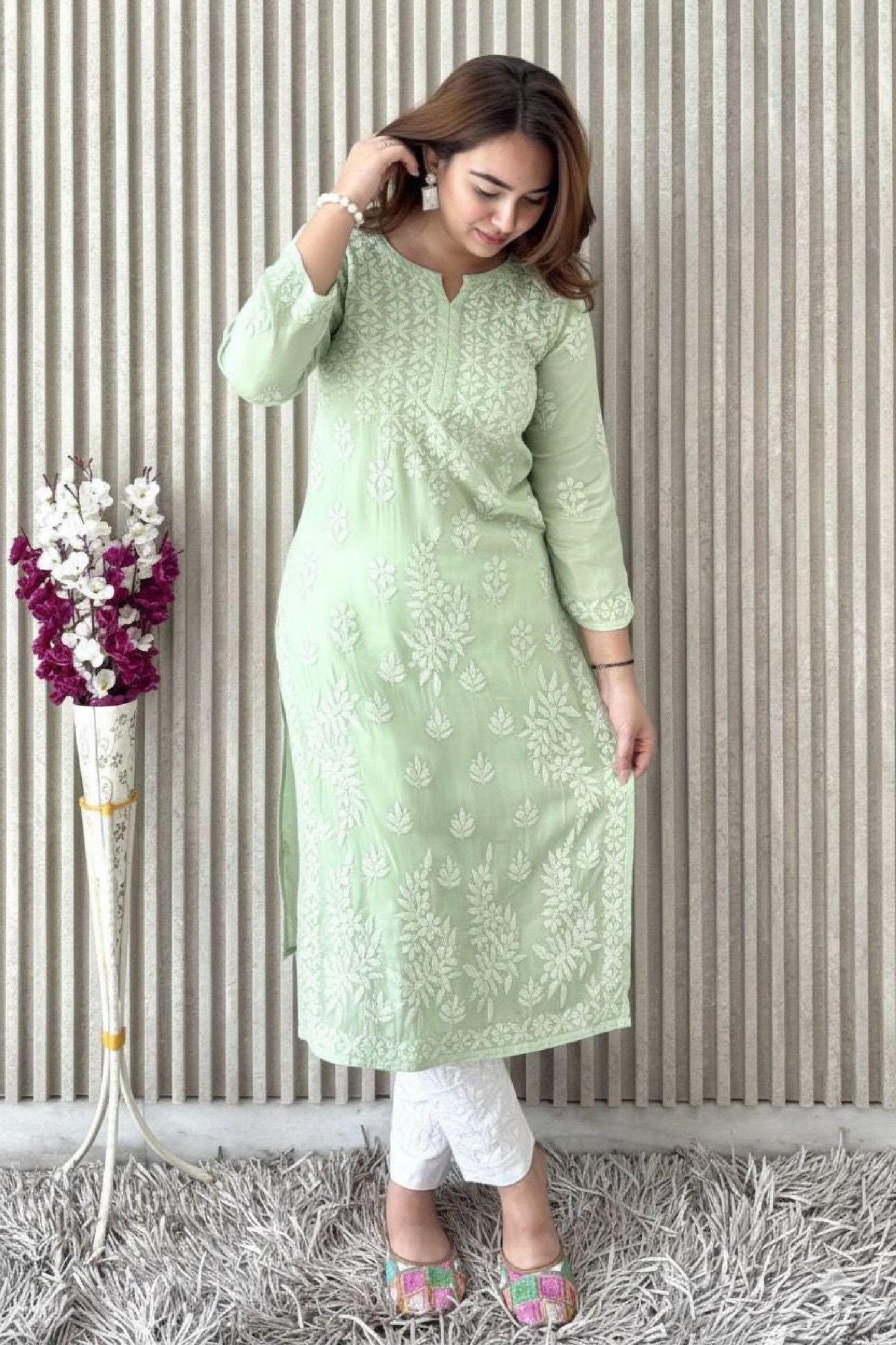 Lucknowi Chikankari Modal Satin Kurti, Heavy Work Designer Tunic, Hand Embroidered Women's Top