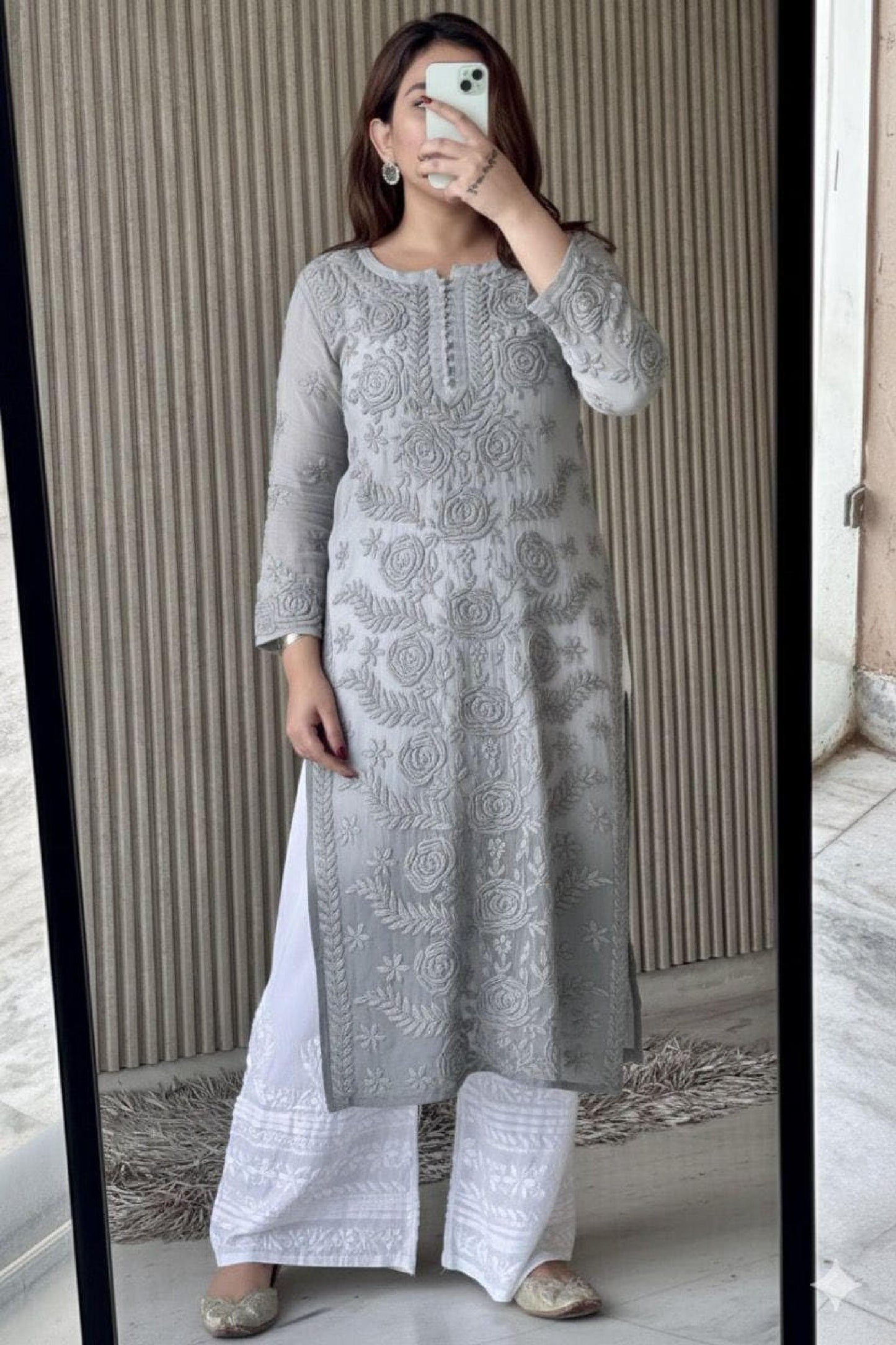Chikankari Kurti Set Pink: 3D Rose Embroidered Viscose Rayon with Pleated Palazzo Pant