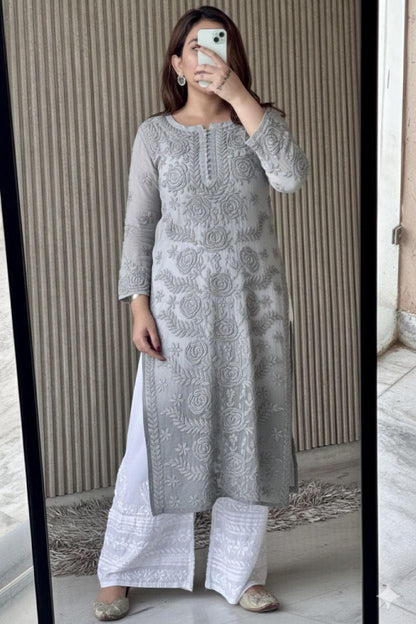 Chikankari Kurti Set Pink: 3D Rose Embroidered Viscose Rayon with Pleated Palazzo Pant