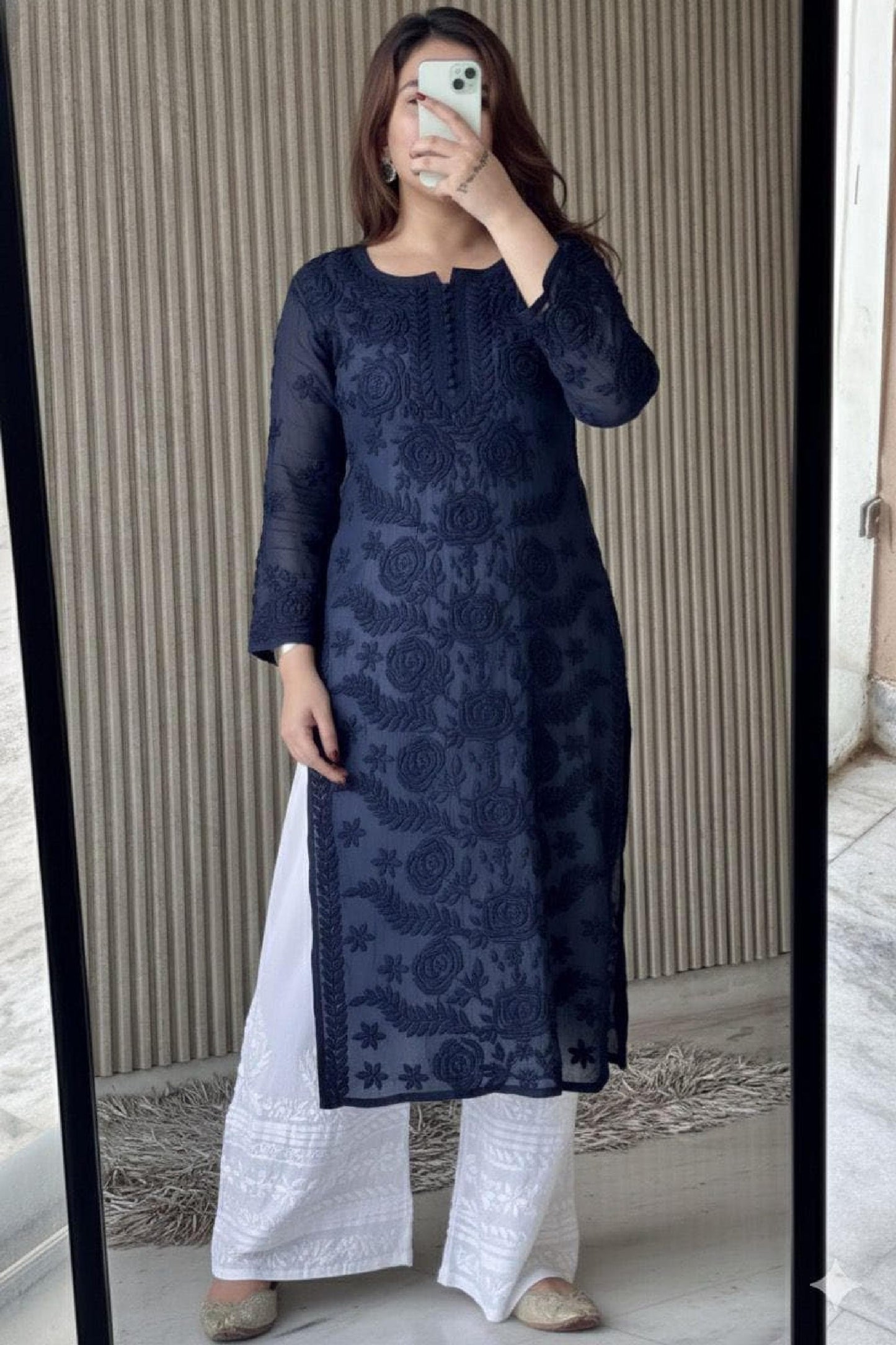 Chikankari Kurti Set Pink: 3D Rose Embroidered Viscose Rayon with Pleated Palazzo Pant