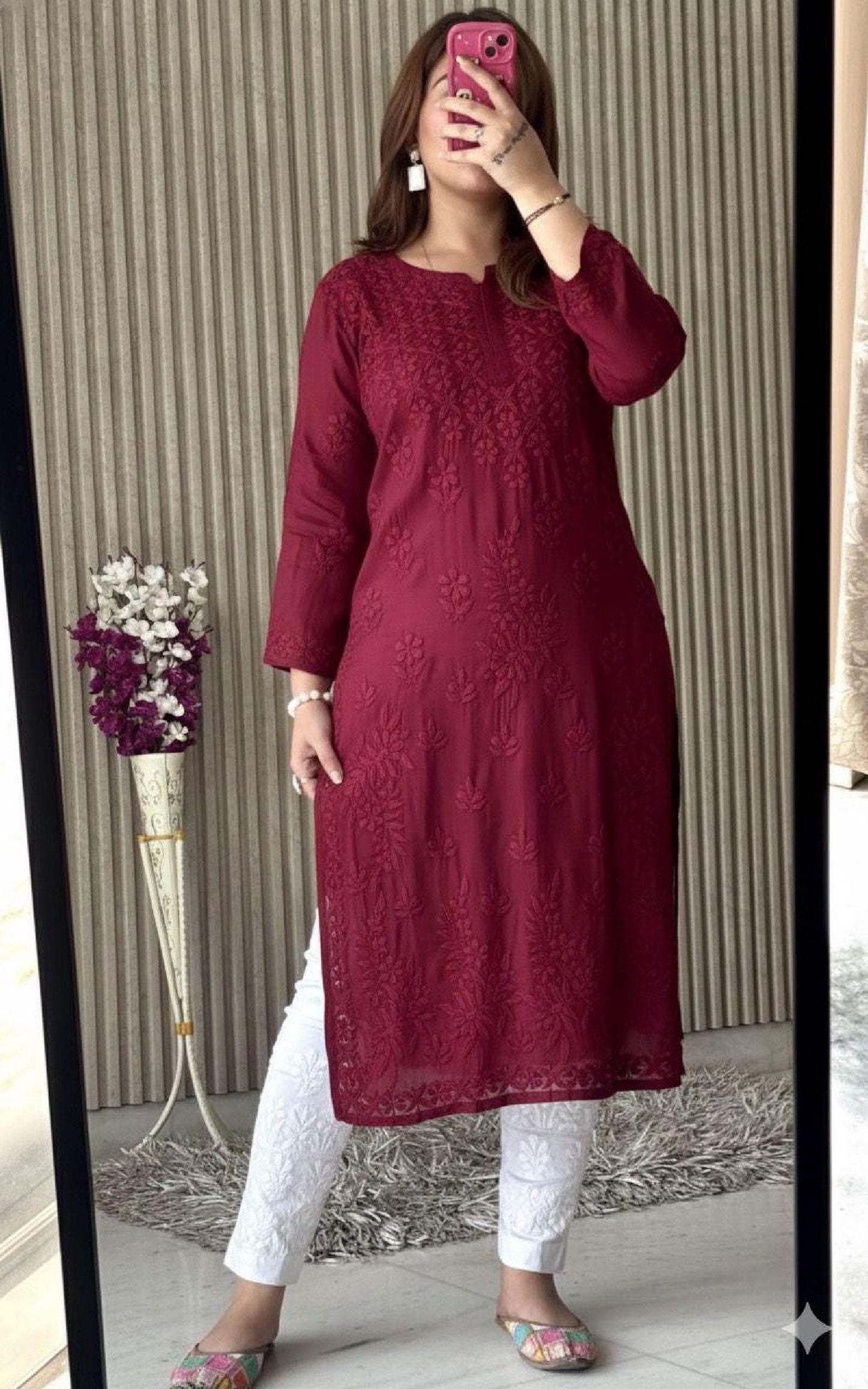 Lucknowi Chikankari Modal Satin Kurti, Heavy Work Designer Tunic, Hand Embroidered Women's Top