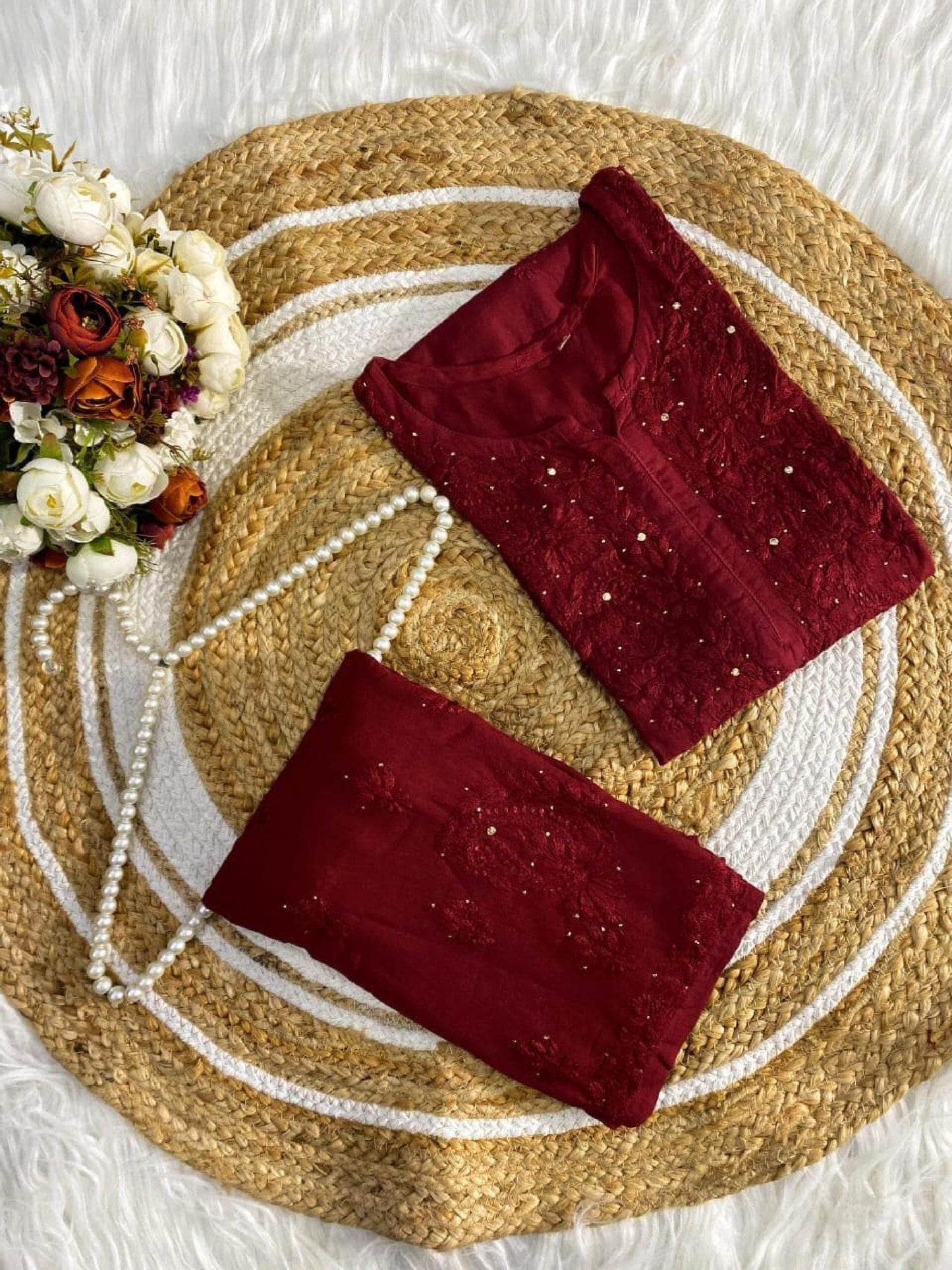 Chikan Salwar Suit Rayon Set: Hand-Embroidered Mukaish, Boho Kurta Pants
