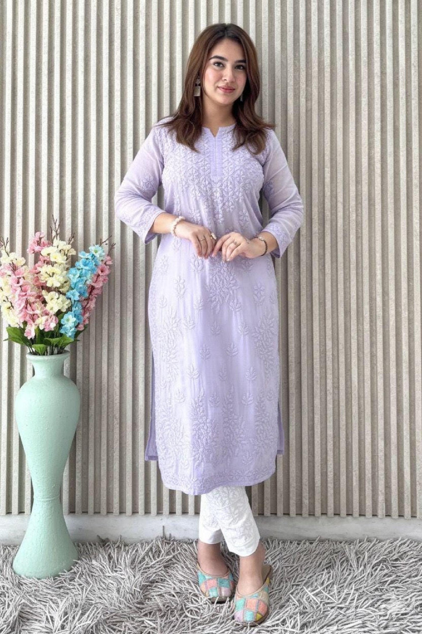 Lucknowi Chikankari Modal Satin Kurti, Heavy Work Designer Tunic, Hand Embroidered Women's Top
