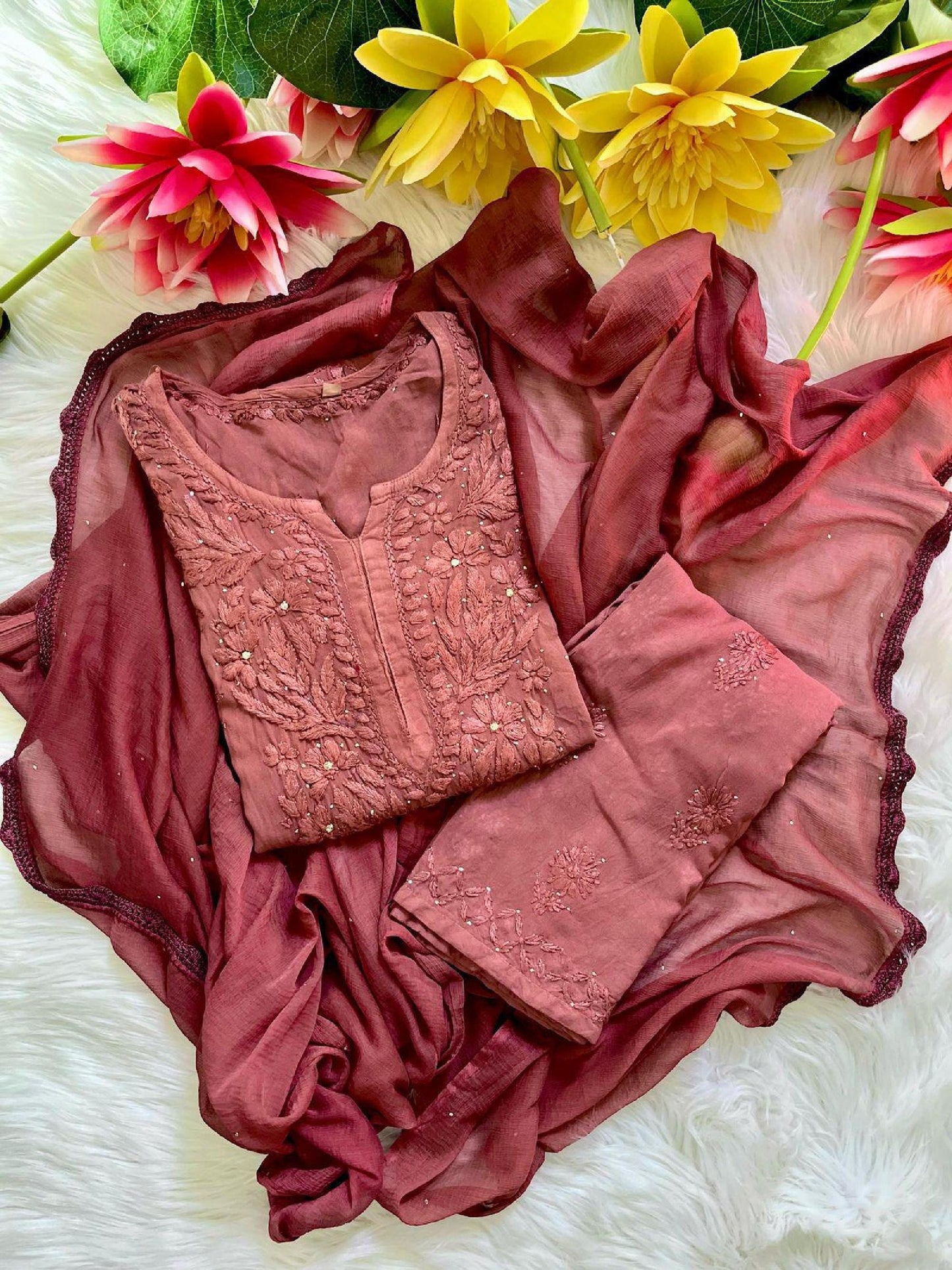 Chikankari 3 Piece Suit Set: Hand Embroidered Rayon Cotton Kurta, Palazzo with Chiffon Dupatta