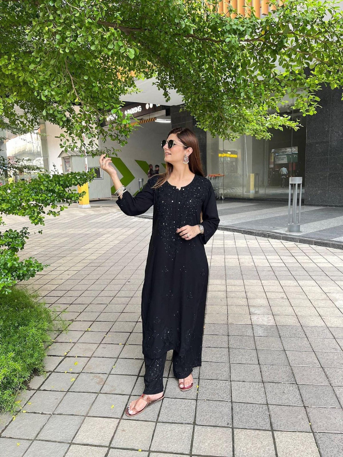 Chikan Salwar Suit Rayon Set: Hand-Embroidered Mukaish, Boho Kurta Pants