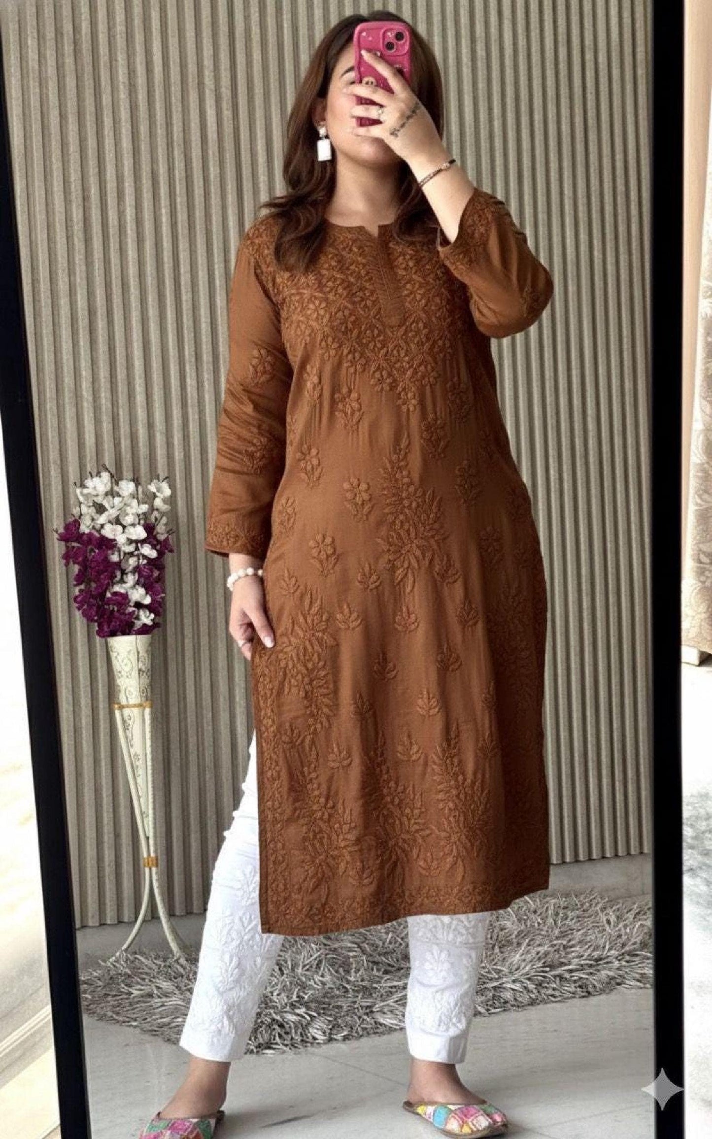 Lucknowi Chikankari Modal Satin Kurti, Heavy Work Designer Tunic, Hand Embroidered Women's Top
