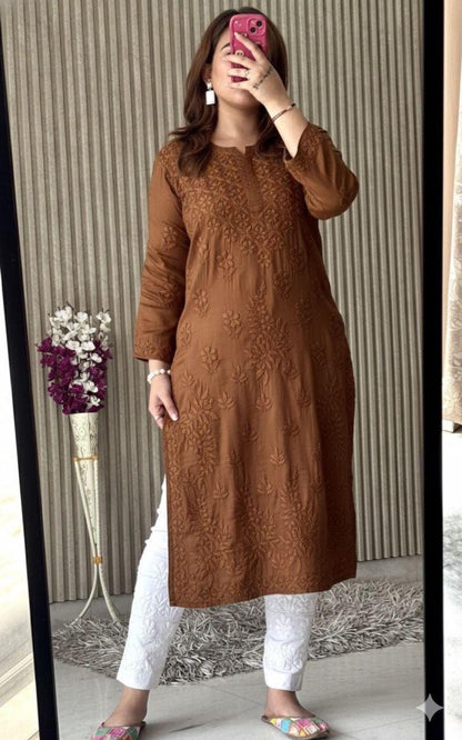 Lucknowi Chikankari Modal Satin Kurti, Heavy Work Designer Tunic, Hand Embroidered Women's Top