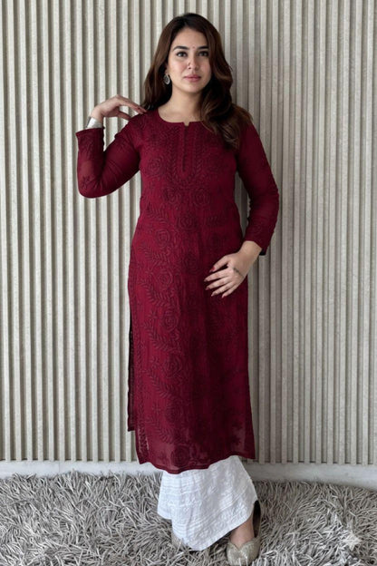 Chikankari Kurti Set Pink: 3D Rose Embroidered Viscose Rayon with Pleated Palazzo Pant