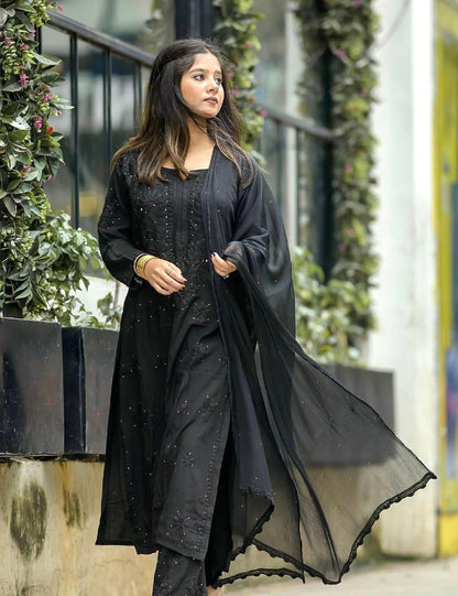 Chikankari 3 Piece Suit Set: Hand Embroidered Rayon Cotton Kurta, Palazzo with Chiffon Dupatta